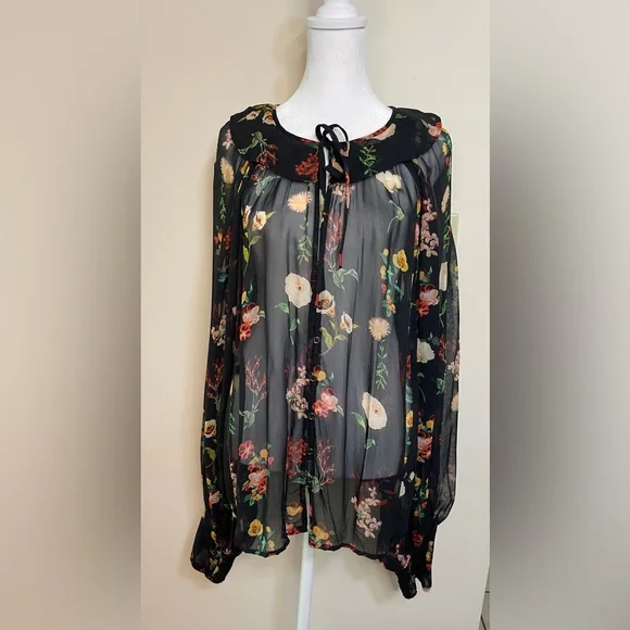 Anthropologie Women’s Sheer Neck Tie Button down Blouse Raglan Sleeve Size Xl. - Picture 7 of 17